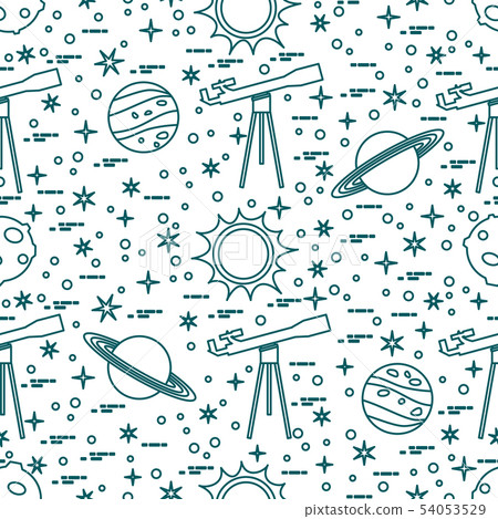 Seamless pattern Telescope, sun, planets, stars. 54053529