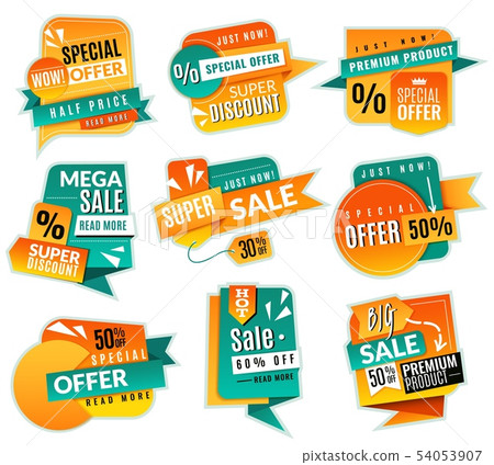 Sale price tags. Promotional supermarket discoun stickers, advertising offer banner ribbons. Paper Sale price tags. Promotional supermarket discoun stickers, advertising offer banner ribbons. Paper 54053907