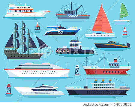 Maritime ships flat. Water carriage, vessels boats yacht ship battleship warship large vessel. Sea 54053931