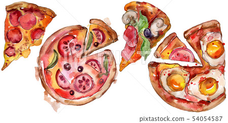 Fast food itallian pizza tasty food. Watercolor background illustration set. Isolated fast food Fast food itallian pizza tasty food. Watercolor background illustration set. Isolated fast food 54054587