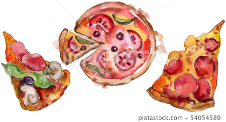 Fast food itallian pizza tasty food. Watercolor background illustration set. Isolated fast food Fast food itallian pizza tasty food. Watercolor background illustration set. Isolated fast food 54054589