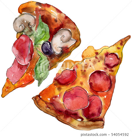 Fast food itallian pizza tasty food. Watercolor background illustration set. Isolated fast food Fast food itallian pizza tasty food. Watercolor background illustration set. Isolated fast food 54054592