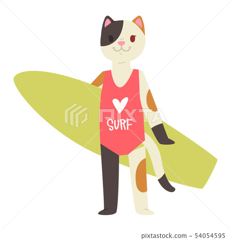 Surf vector cat animal surfer character surfing on surfboard illustration animalistic cartoon young 54054595