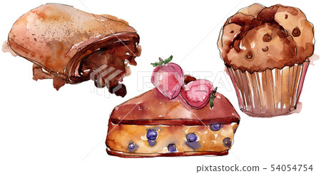 Tasty cake and bun sweet dessert. Watercolor background set. Isolated desserts illustration element. Tasty cake and bun sweet dessert. Watercolor background set. Isolated desserts illustration element. 54054754