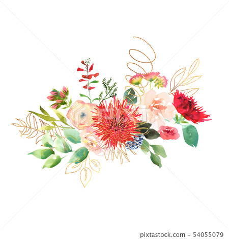 Bright Wedding bridal romanric bouquet. Hand drawing watercolor red and purple and green flowers 54055079