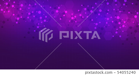 Abstract molecules on purple background. Molecular structures or DNA strand, neural network, genetic 54055240