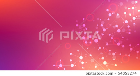 Abstract molecules on purple background. Molecular structures or DNA strand, neural network, genetic 54055274
