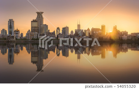Sunrise view of Shanghai skyline with sunshine Sunrise view of Shanghai skyline with sunshine 54055320