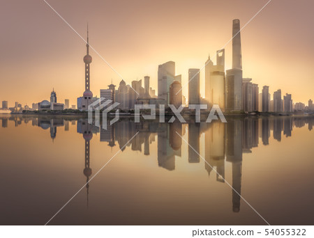 Sunrise view of Shanghai skyline with sunshine Sunrise view of Shanghai skyline with sunshine 54055322