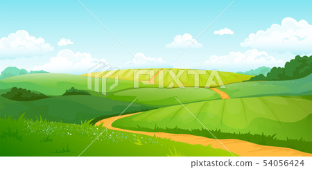 Summer fields landscape. Cartoon countryside valley with green hills blue sky and curly clouds 54056424