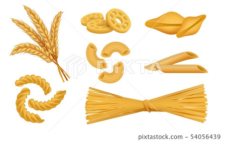 Realistic macaroni. Italian pasta types, noodles spaghetti fusilli wheat food, 3D different dry Realistic macaroni. Italian pasta types, noodles spaghetti fusilli wheat food, 3D different dry 54056439