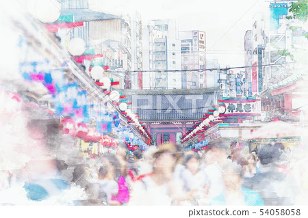 [水彩風格] Senso Temple Nakamise通過Kaminarimon 54058058