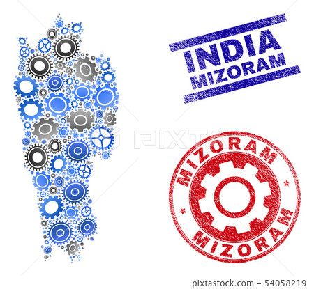 Gear Mosaic Vector Mizoram State Map and Grunge Stamps 54058219
