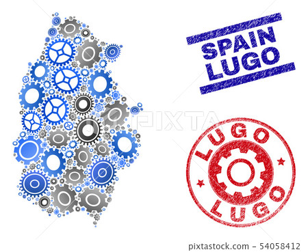 Gear Collage Vector Lugo Province Map and Grunge Stamps Gear Collage Vector Lugo Province Map and Grunge Stamps 54058412