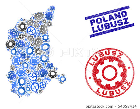 Gear Composition Vector Lubusz Voivodeship Map and Grunge Stamps Gear Composition Vector Lubusz Voivodeship Map and Grunge Stamps 54058414