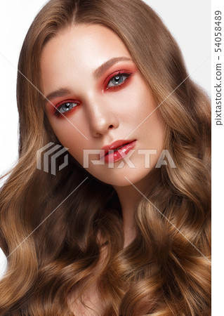 Beautiful fresh girl with perfect skin, bright red make up. Beauty face. 54058489