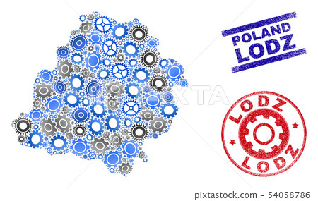 Service Collage Vector Lodz Voivodeship Map and Grunge Seals 54058786
