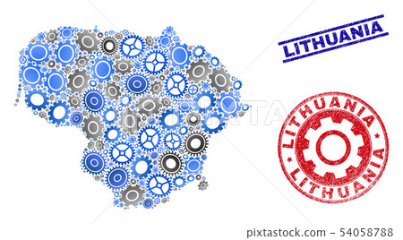 Cog Collage Vector Lithuania Map and Grunge Stamps Cog Collage Vector Lithuania Map and Grunge Stamps 54058788