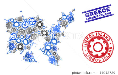 Workshop Mosaic Vector Limnos Island Map and Grunge Stamps 54058789