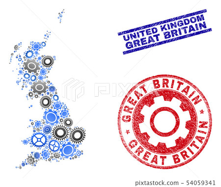 Workshop Composition Vector Great Britain Map and Grunge Stamps Workshop Composition Vector Great Britain Map and Grunge Stamps 54059341