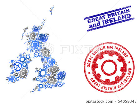 Mechanics Mosaic Vector Great Britain and Ireland Map and Grunge Seals Mechanics Mosaic Vector Great Britain and Ireland Map and Grunge Seals 54059345