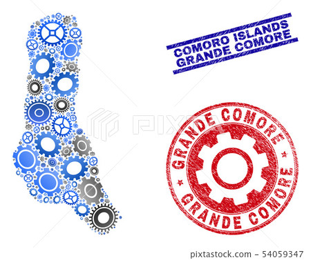 Gear Composition Vector Grande Comore Island Map and Grunge Seals 54059347