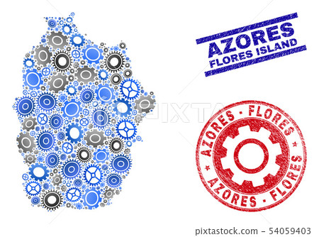 Wheel Mosaic Vector Flores Island of Azores Map and Grunge Stamps Wheel Mosaic Vector Flores Island of Azores Map and Grunge Stamps 54059403