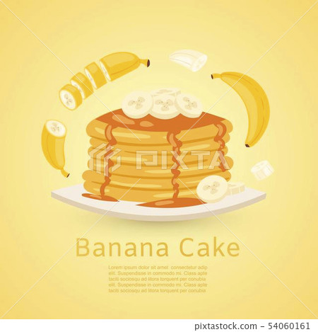 Banana and pancake recipe with pictures of bananas and maple syrup on yellow background. Retro 54060161