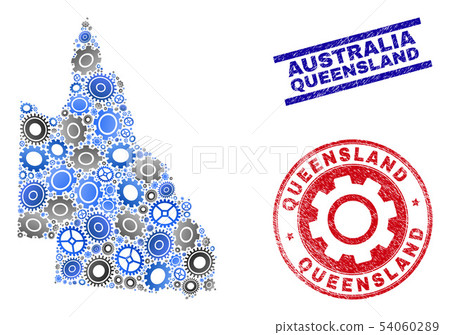 Cog Composition Vector Australian Queensland Map and Grunge Seals Cog Composition Vector Australian Queensland Map and Grunge Seals 54060289