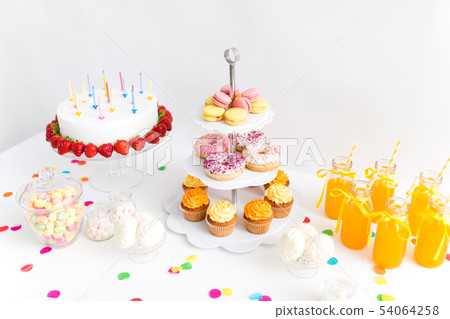 food and drinks on table at birthday party food and drinks on table at birthday party 54064258