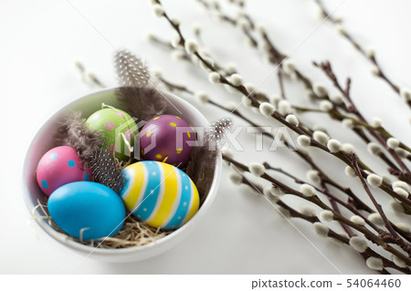 colored easter eggs and pussy willow branches 54064460