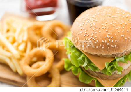close up of hamburger and other fast food close up of hamburger and other fast food 54064644