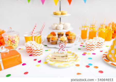 piece of cake on plate at birthday party 54064653