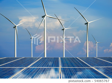 Solar panel and wind turbine farm clean energy. Solar panel and wind turbine farm clean energy. 54065767