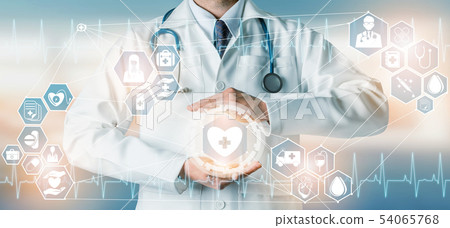 Doctor with Medical Healthcare Graphic in Hospital Doctor with Medical Healthcare Graphic in Hospital 54065768