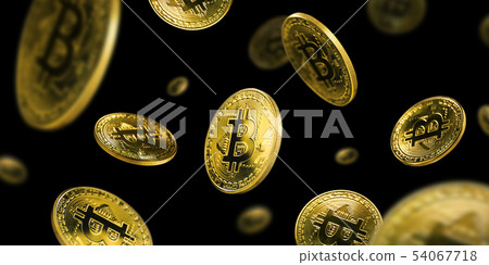 Gold Bitcoin coins flying on a black background Gold Bitcoin coins flying on a black background 54067718