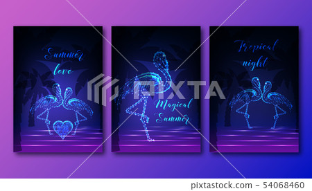 Futuristic posters set with couple of dancing flamingos, heart, palm trees and sea waves. Futuristic posters set with couple of dancing flamingos, heart, palm trees and sea waves. 54068460