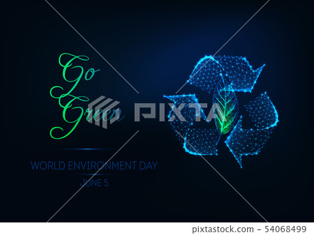 Futuristic world environment day web banner with glowing low polygonal recycle sign and green leaf. 54068499