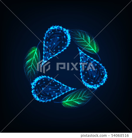 Futuristic recycle sign made of glowing low poly water drops and green leaves on dark blue. Futuristic recycle sign made of glowing low poly water drops and green leaves on dark blue. 54068516