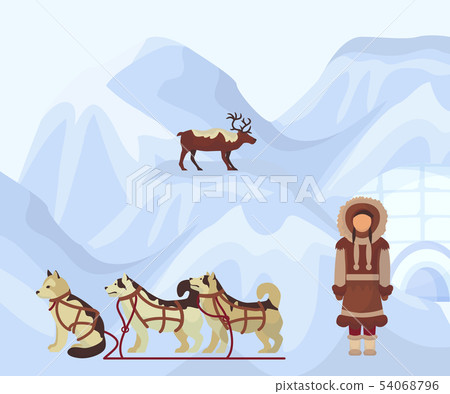 North people in traditional eskimos costume, arctic dogs and polar deer. Life in the far north 54068796