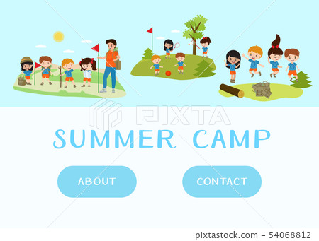 Web template of kids summer camp holidays and vacation. Green islands and blue sea Cartoon children 54068812