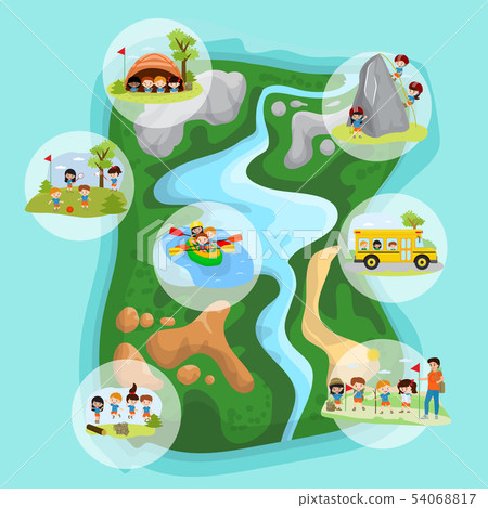 Children summer camp concept with camping, kids in tent, climbing on mountains, floating in boats 54068817