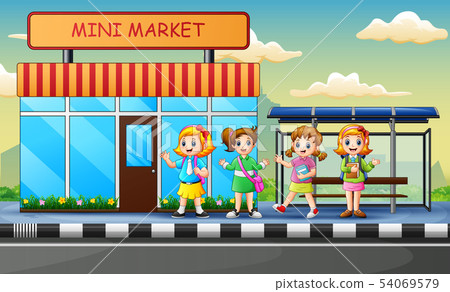 Cartoon of school children waiting bus on the road Cartoon of school children waiting bus on the road 54069579