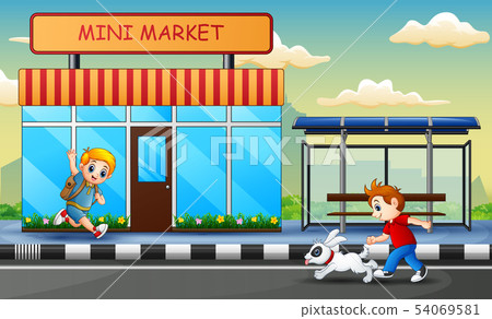 Happy boys running on the road Happy boys running on the road 54069581