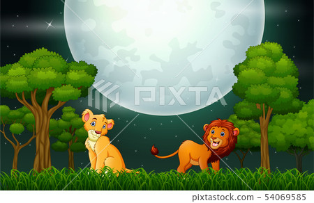 Lion cartoon roaring on the nature landscape Lion cartoon roaring on the nature landscape 54069585