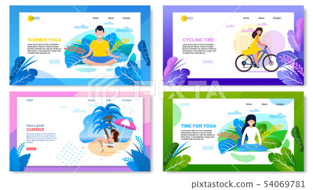 Active Summer Vacation Cartoon Landing Page Set Active Summer Vacation Cartoon Landing Page Set 54069781
