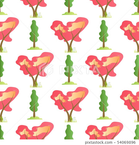 Flat Vector Summer Trees Seamless Cartoon Pattern 54069896