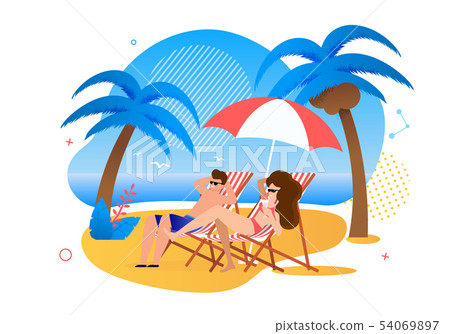 Satisfied Cartoon Couple Resting on Tropical Beach 54069897