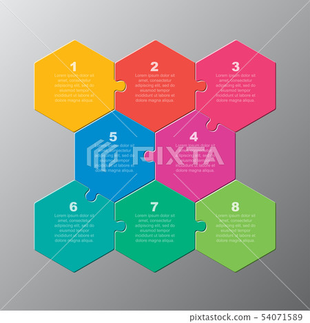 Eight pieces puzzle jigsaw hexagonal info graphic Eight pieces puzzle jigsaw hexagonal info graphic 54071589