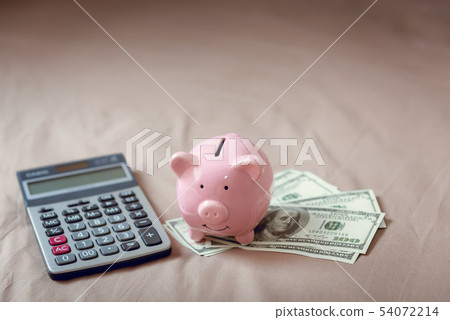 Close-Up of Calculator, Piggy Bank, Money Cash Close-Up of Calculator, Piggy Bank, Money Cash 54072214